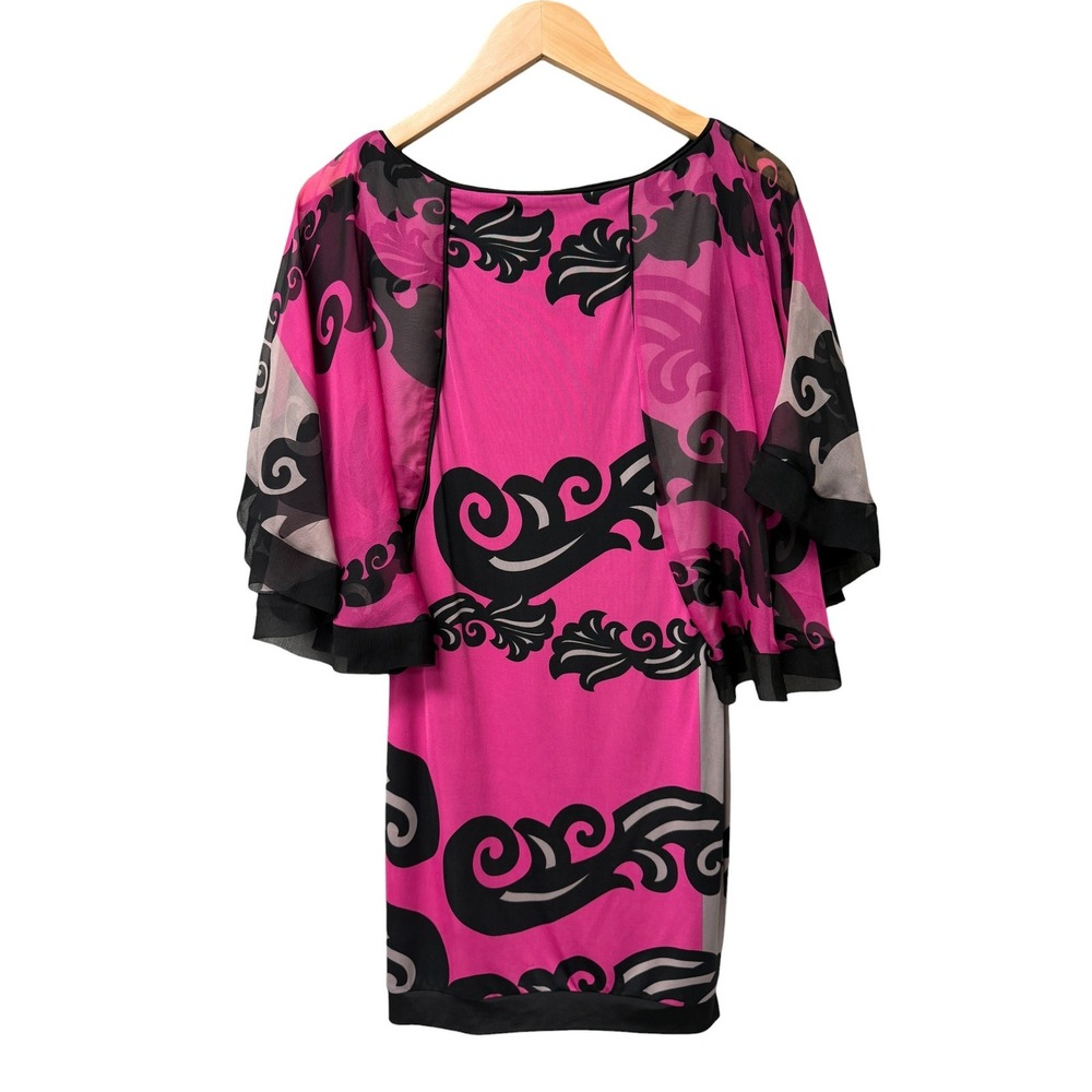 NWT Analili Mini Dress Womens XS Hot Pink Black Silk Flutter Sleeve Scroll Print